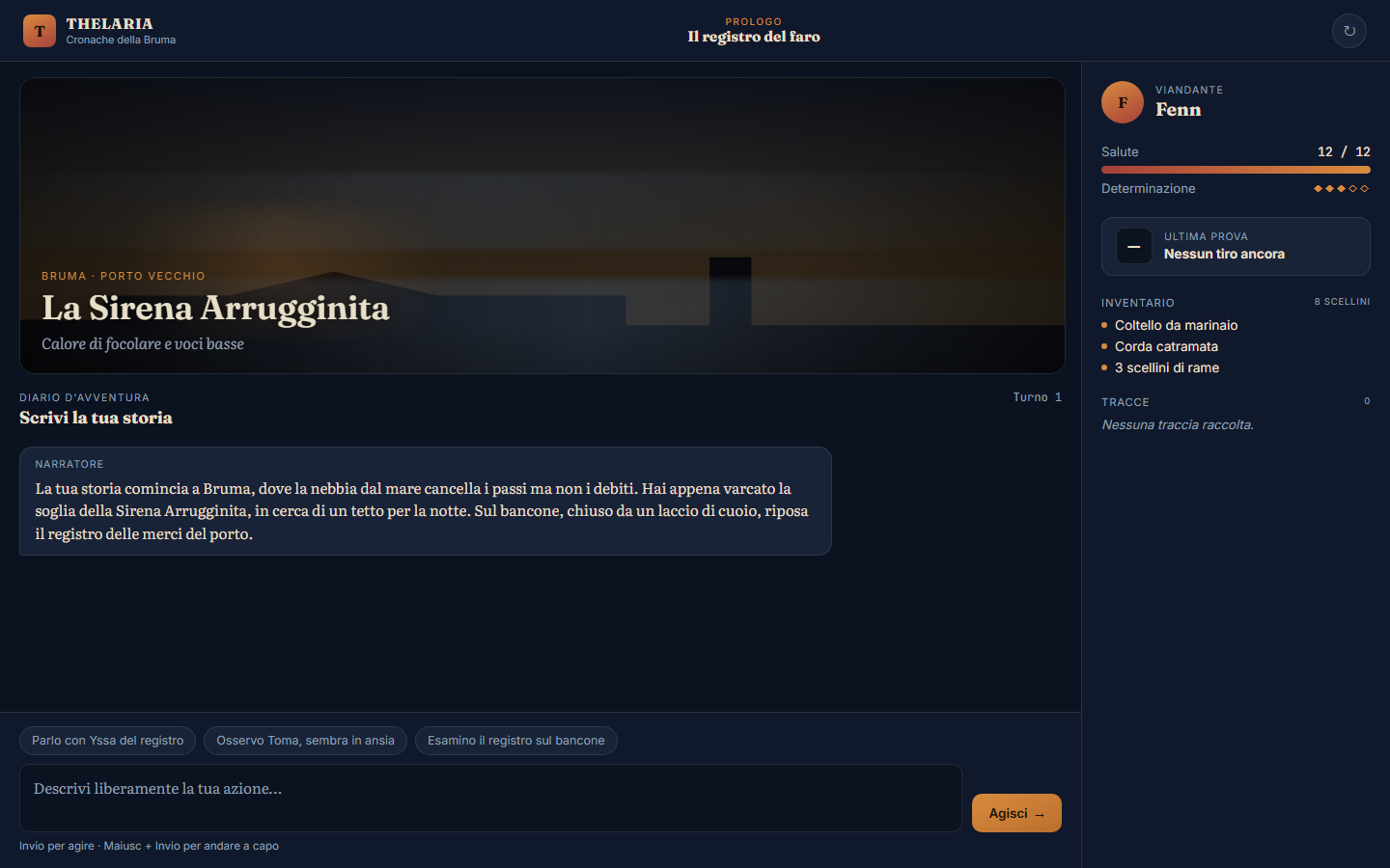 Schermata di gioco di Thelaria: la locanda La Sirena Arrugginita, con chat narrativa, scheda del personaggio e inventario.